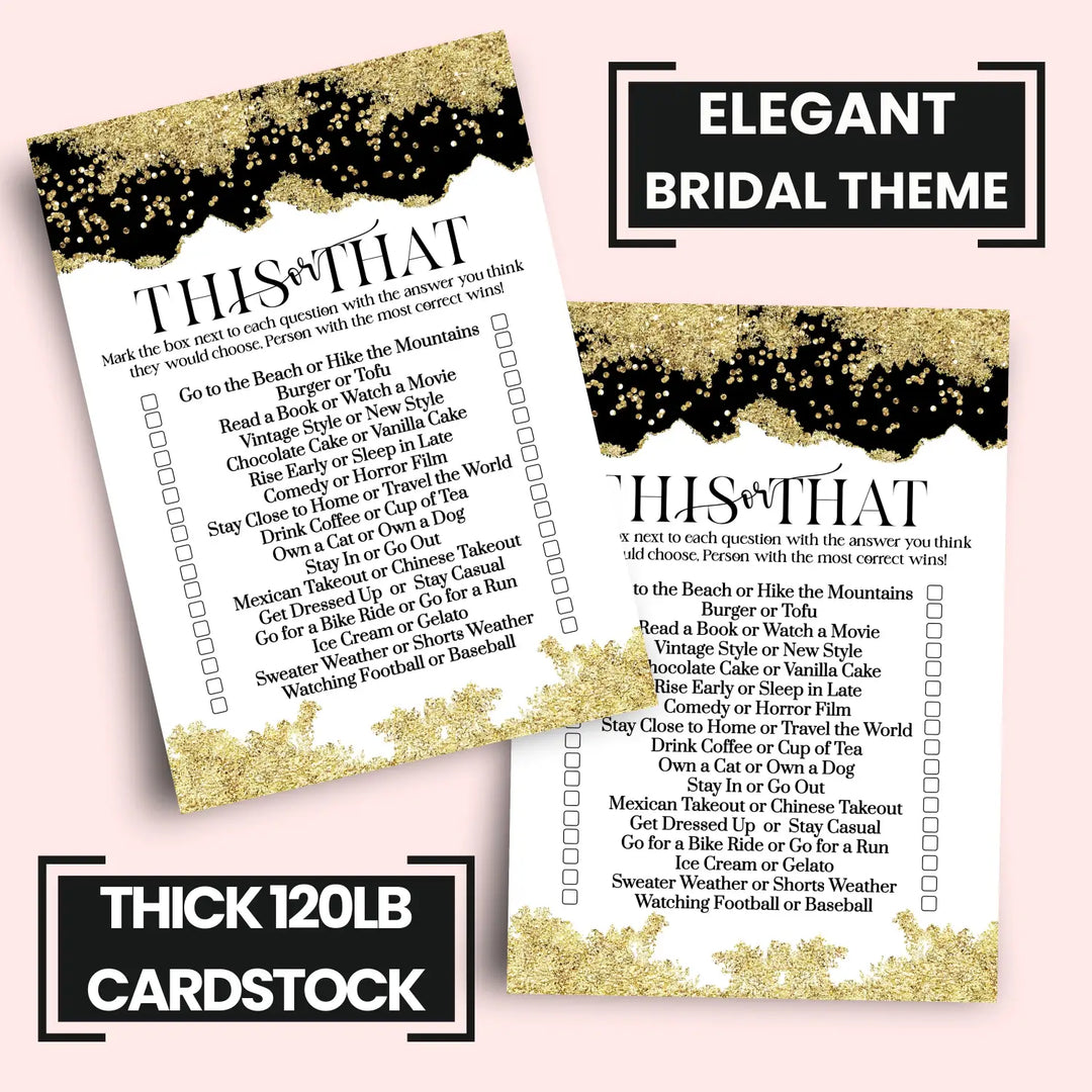 Black and Gold Bridal Shower Games - Would She Rather Bridal Shower Game, Fun This or That for Graduation Party, Rehearsal Dinner, Birthday Girl, Modern Design, 25 Card Pack