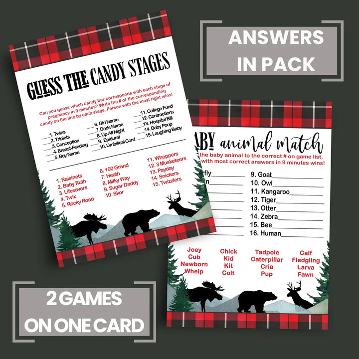 Lumberjack Baby Shower Game Set, Animal Matching and Candy Bar Guessing, Rustic Red & Black