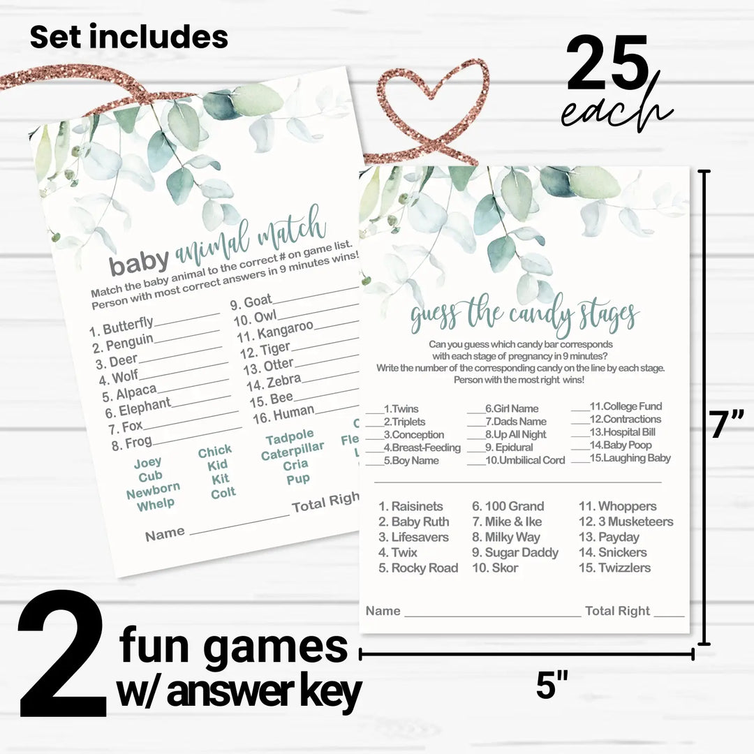 Rustic Eucalyptus Baby Shower Game Bundle, 5x7 Cards (25 ct)