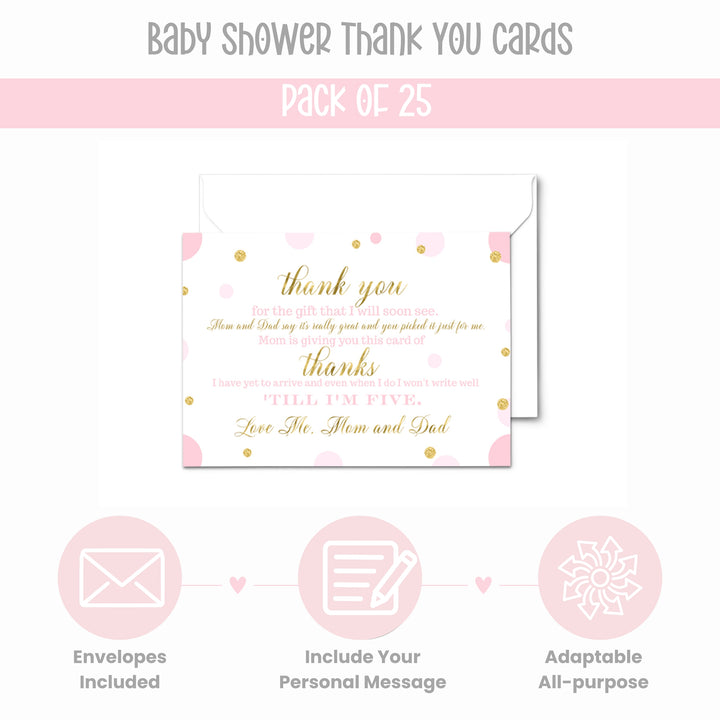 Pink and Gold Thank You Cards for Baby Girl Shower – Personalized Notecards (Pack of 25) - Paper Clever Party