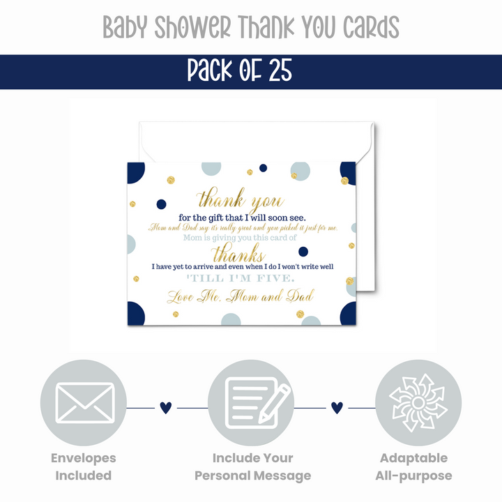 Navy and Gold Baby Shower Thank You Cards for Boys – Notecards (Pack of 25) - Paper Clever Party