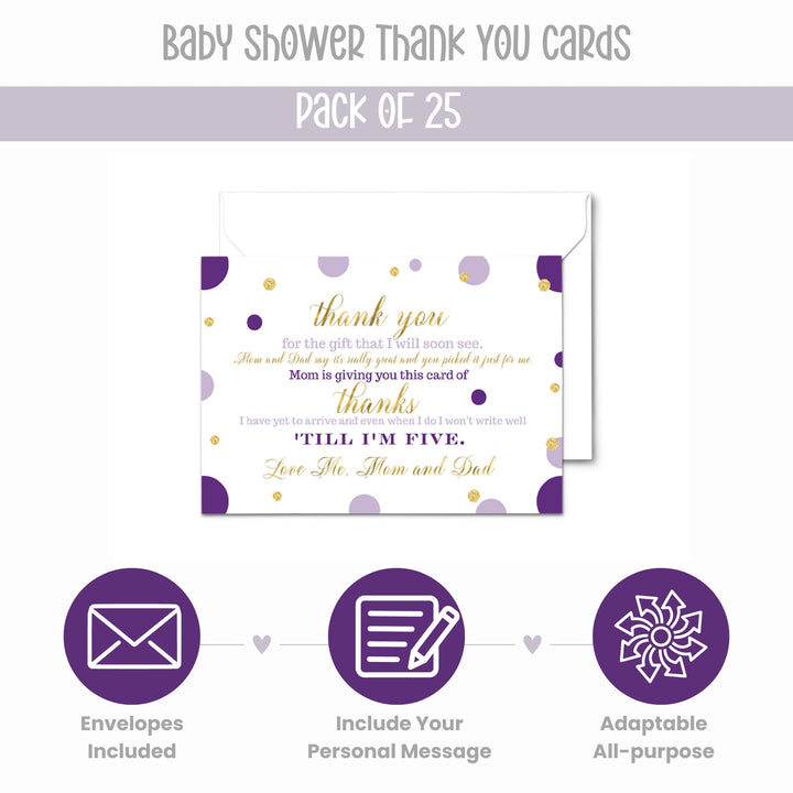 Purple and Gold Thank You Cards for Girls Baby Shower – Notecards with Envelopes (Pack of 25) - Paper Clever Party