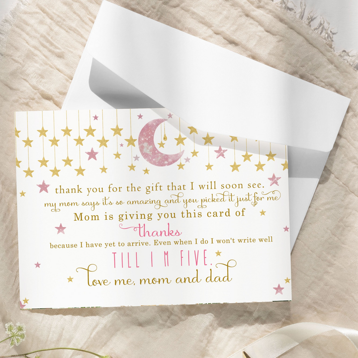 Twinkle Little Star Thank You Cards for Girls – Pink and Gold Notecards (Pack of 25) - Paper Clever Party