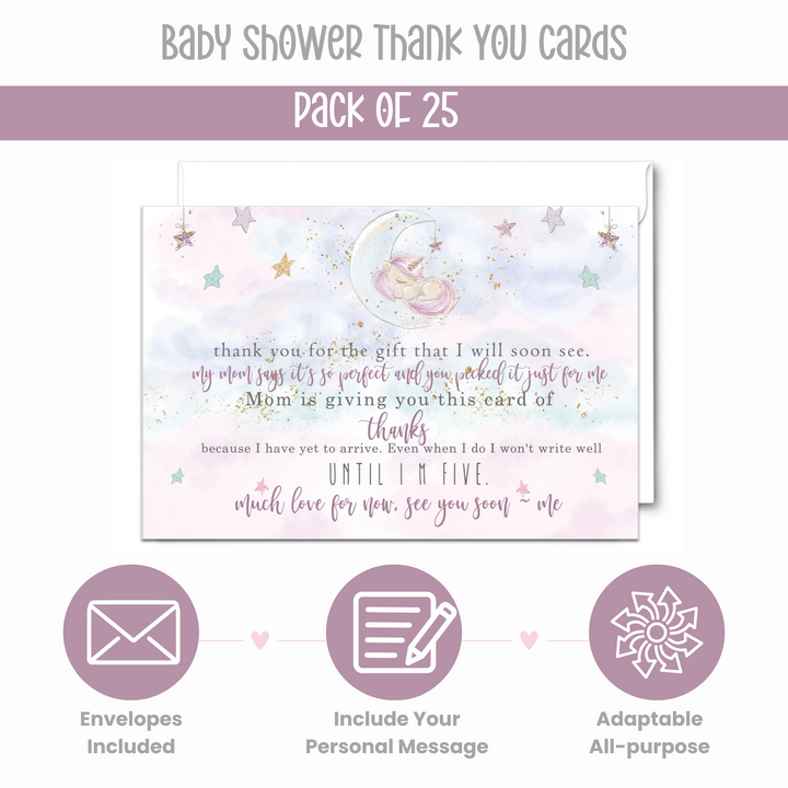 Unicorn Thank You Cards for Baby Girls – Personalized Notecards (Pack of 25) - Paper Clever Party