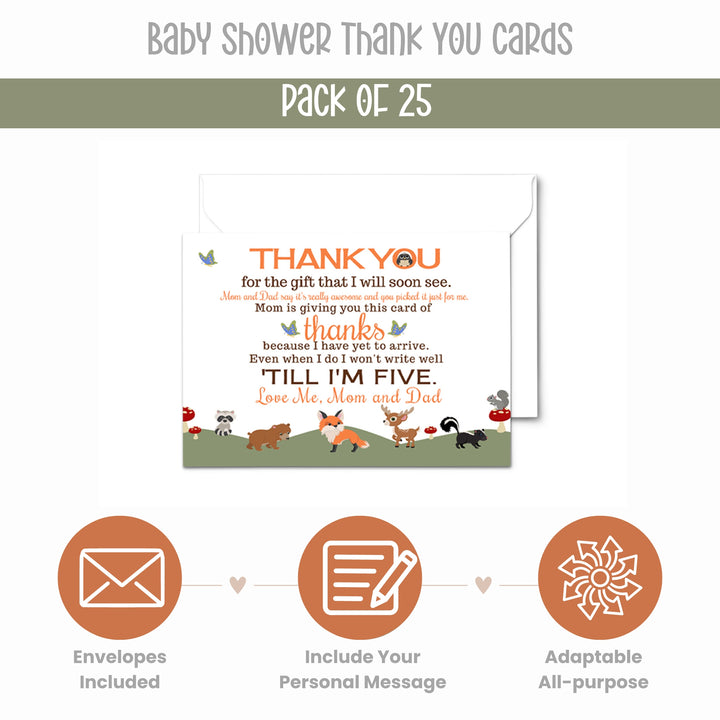 Woodland Thank You Cards for Baby Shower – Gender Neutral Notecards (Pack of 25) - Paper Clever Party