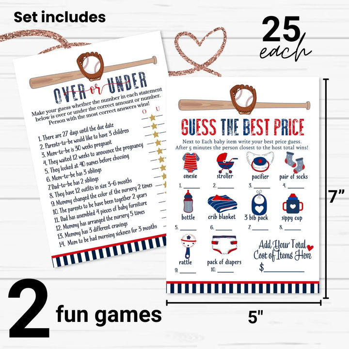 Home Run Baby Shower Game Set – Over or Under and Guess the Price Right 2 Pack of Baseball Themed Activities Ideas and Planning