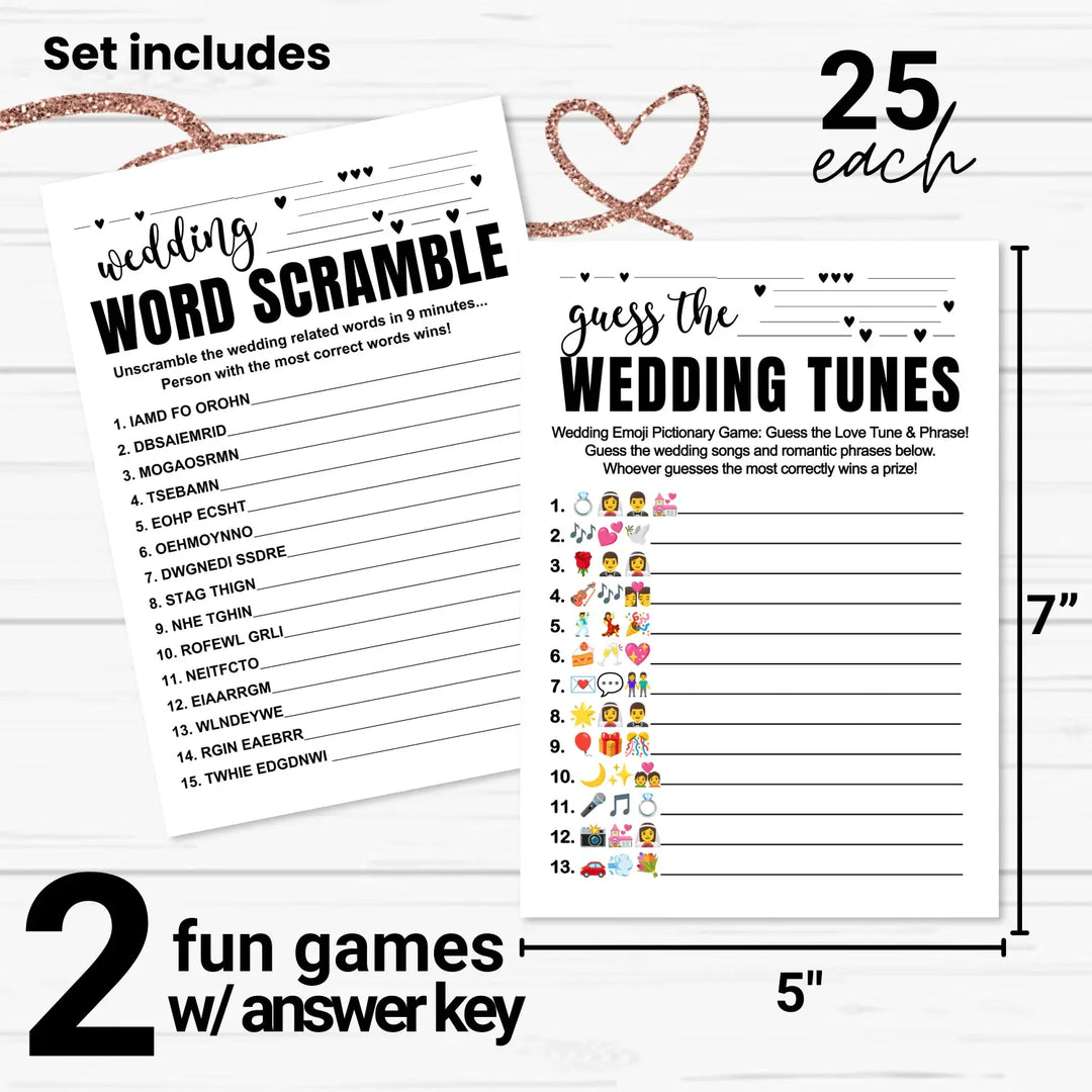 Black and White Bridal Shower Games (25 Each) Wedding Song Pictionary and Word Scramble Fun Guess Activity for Guests Engagement Party, Rehearsal Dinner, Minimalist Design Double-Sided Cards, Bundle