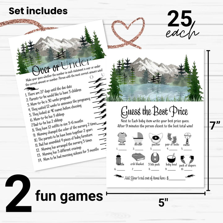 Adventure Awaits Baby Shower Game Set, Guess the Price and Over or Under - Mountain Theme, 5x7 Cards (25 ct)