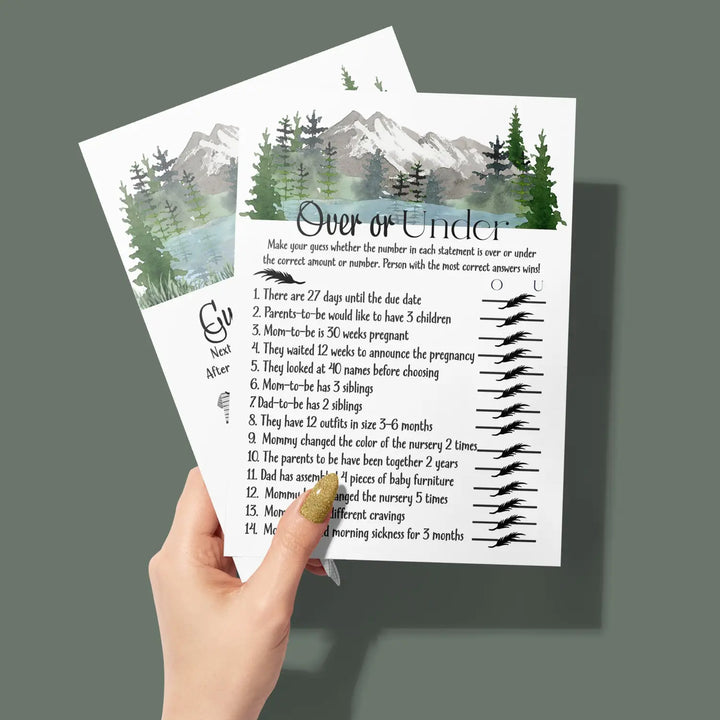 Adventure Awaits Baby Shower Game Set, Guess the Price and Over or Under - Mountain Theme, 5x7 Cards (25 ct)
