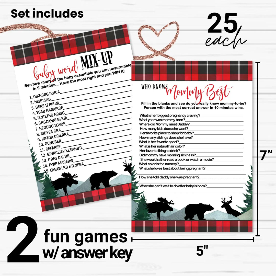 Lumberjack Baby Shower Game Set, Mommy Best and Word Scramble, Rustic Red & Black