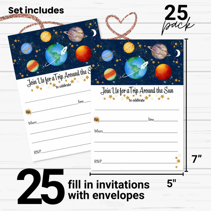 Around the Sun Party Invitations with Envelopes, 25 Pack, Space and Rocketship, 5x7 Blank Cards