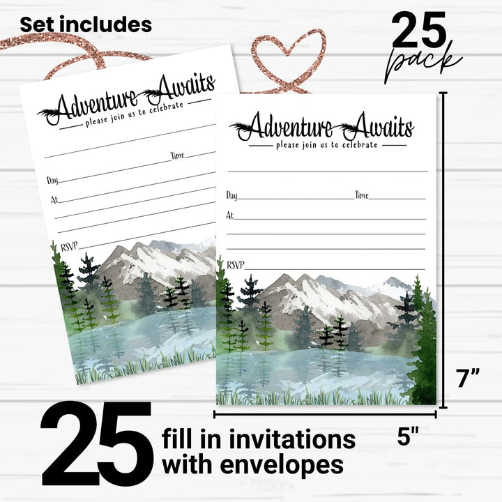 Adventure Awaits Party Invitations with Envelopes, 25 Pack, Rustic Mountain, 5x7 Blank Cards for All Occasions