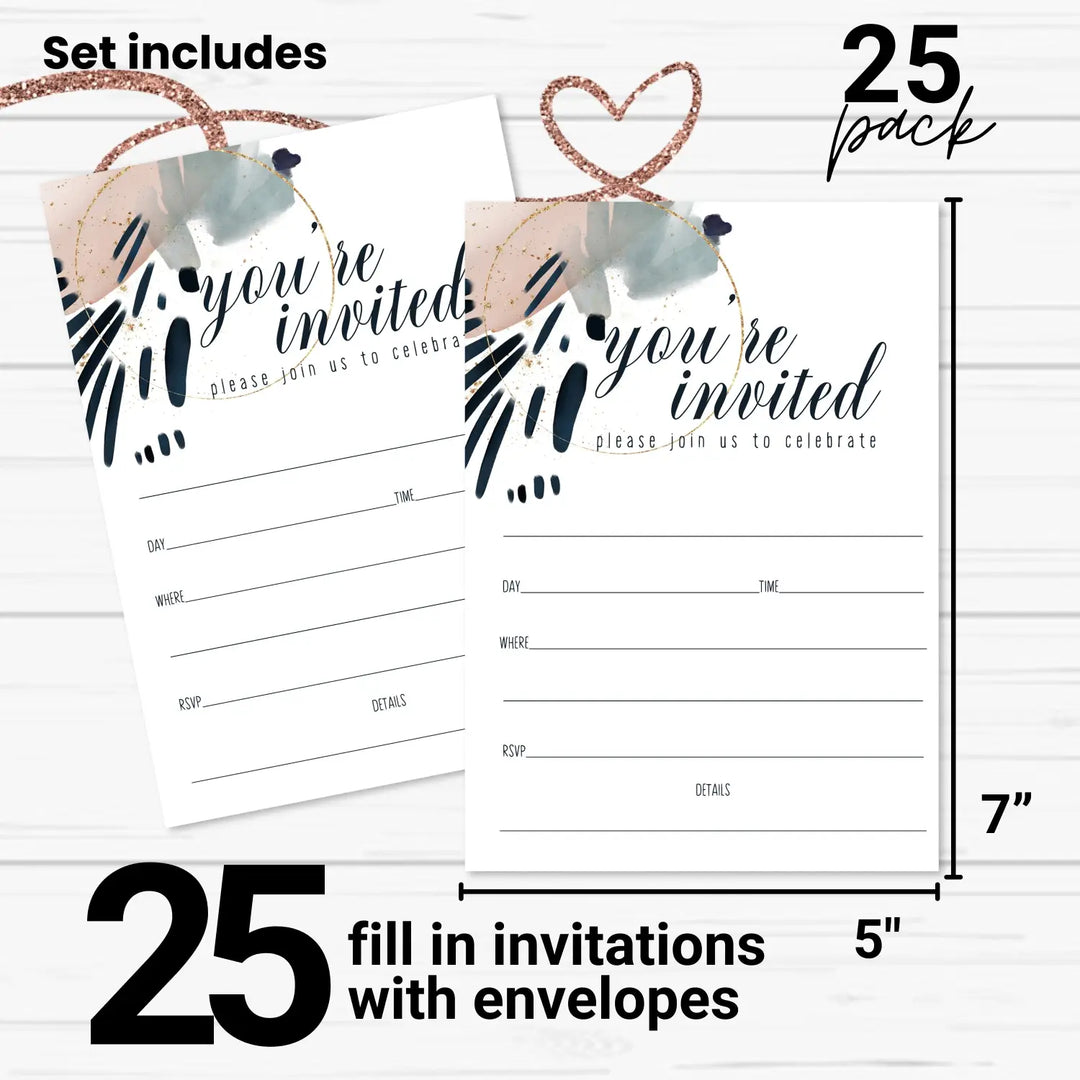 Modern Watercolor Invitations with Envelopes, 25 Pack, Pink and Blue, 5x7 Blank Cards