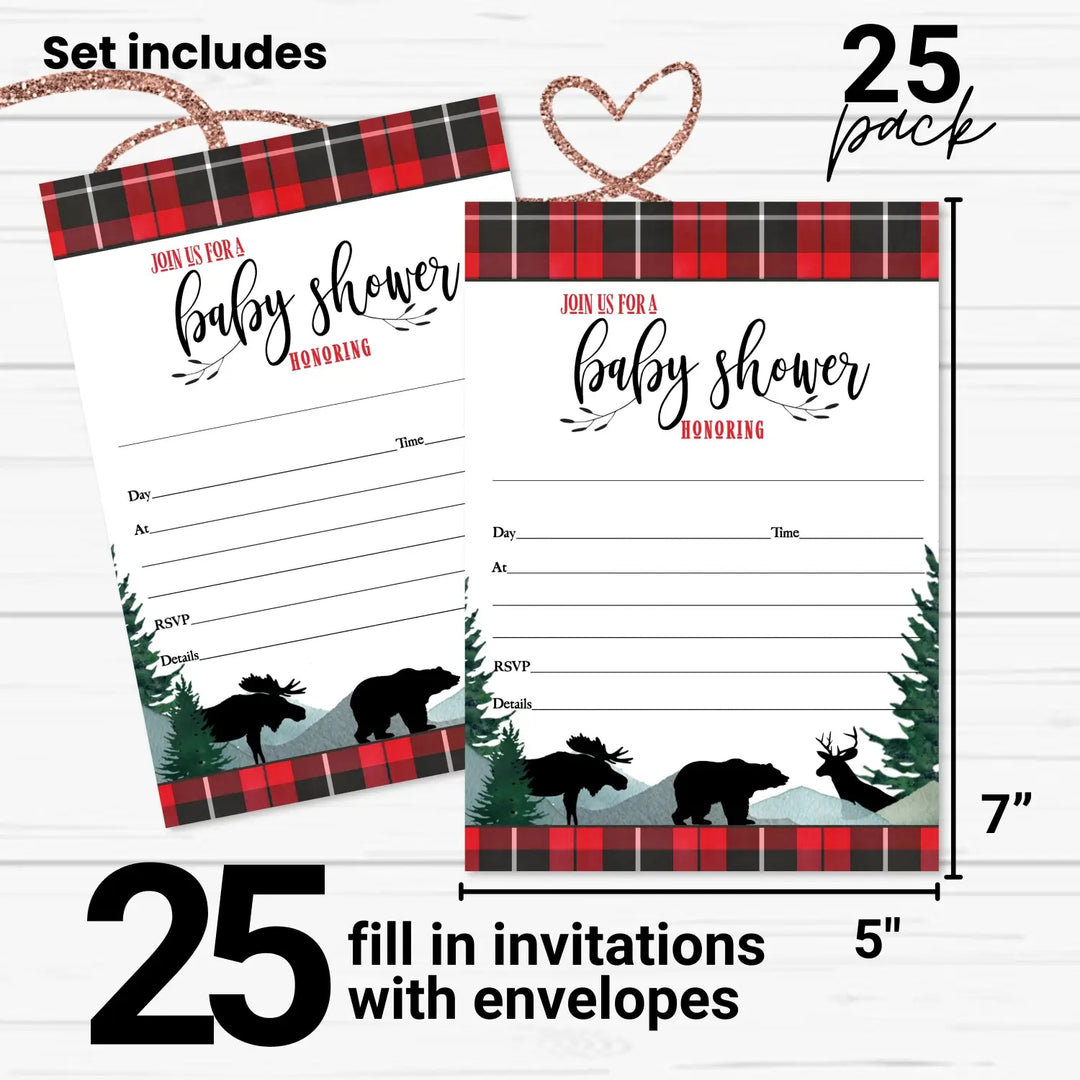 Lumberjack Baby Shower Invitations with Envelopes, 25 Pack, Red and Black, 5x7 Blank Cards for Boys