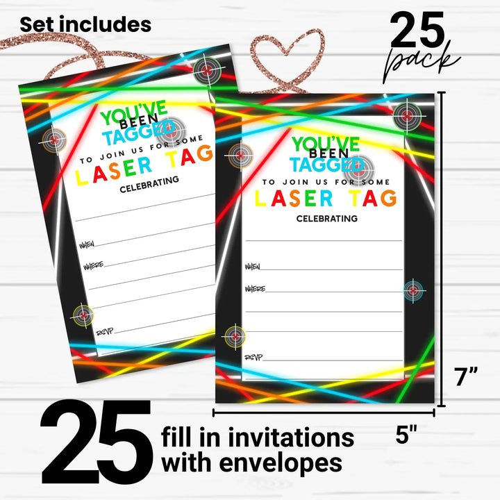 Laser Tag Party Invitations with Envelopes, 25 Pack, 5x7 Blank Cards for All Occasions