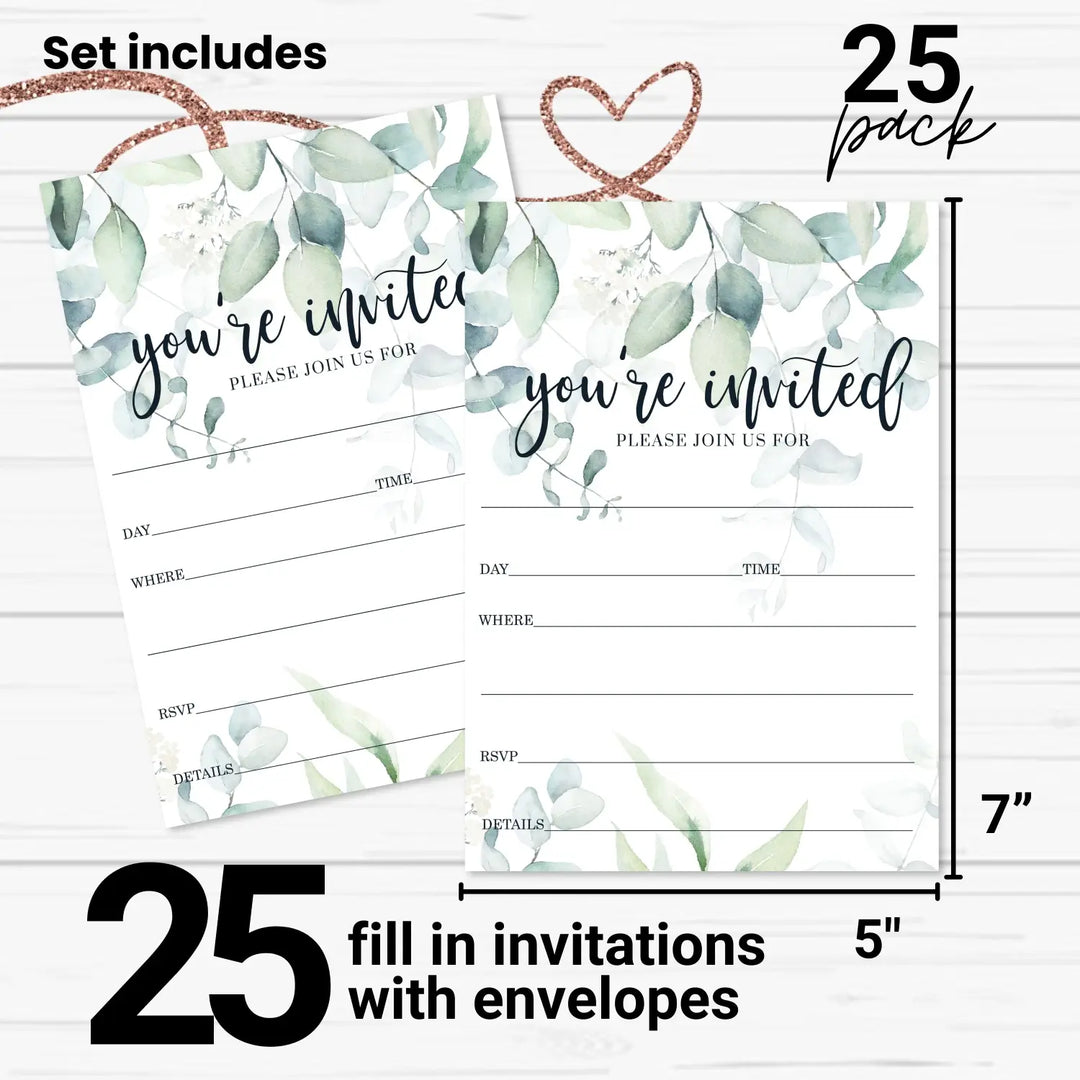 Greenery Bridal Shower Invitations with Envelopes, 25 Pack, Rustic Eucalyptus, 5x7 Blank Cards for All Occasions