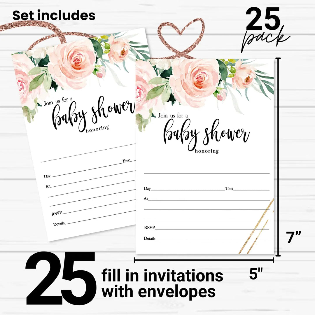 Graceful Floral Baby Shower Invitations Girls, Blank Rustic Invites with Envelopes, DIY 5x7 Cards Blush and Greenery, 25 Pack