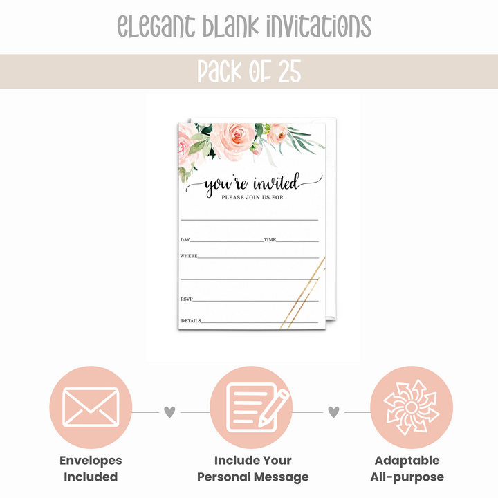 Graceful Floral Invitations with Envelopes, 25 Pack, 5x7 Blank Cards for All Occasions - Paper Clever Party