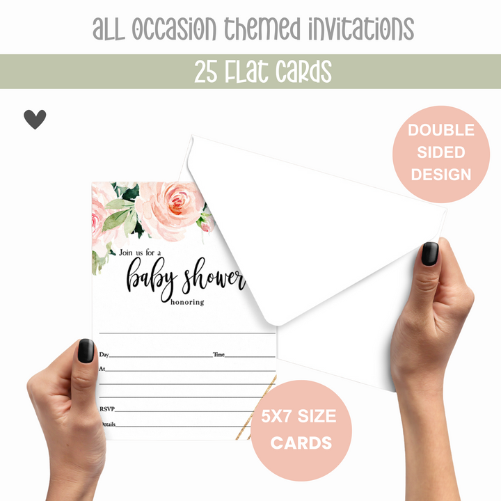 Graceful Floral Baby Shower Invitations Girls, Blank Rustic Invites with Envelopes, DIY 5x7 Cards Blush and Greenery, 25 Pack - Paper Clever Party