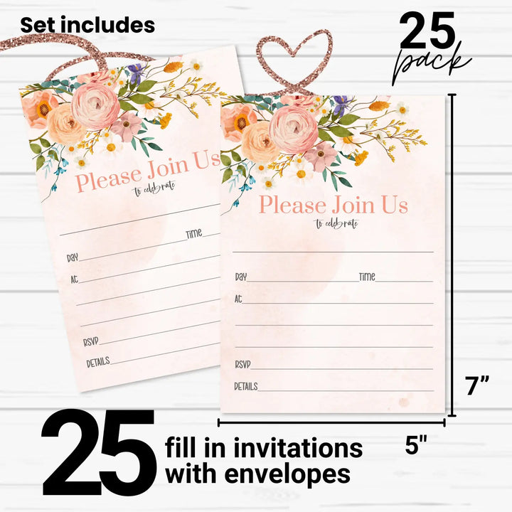 Terracotta Floral Invitations Set All Occasions - Versatile & Customizable, 25 Pack