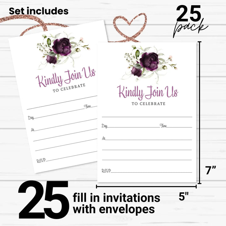 Purple Passion Floral Invitations with Envelopes, 25 Pack, 5x7 Blank Cards for All Occasions