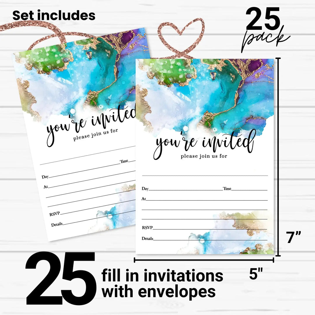 Teal and Purple Invitations with Envelopes, DIY 5x7 Blank Card Set, 25 Count