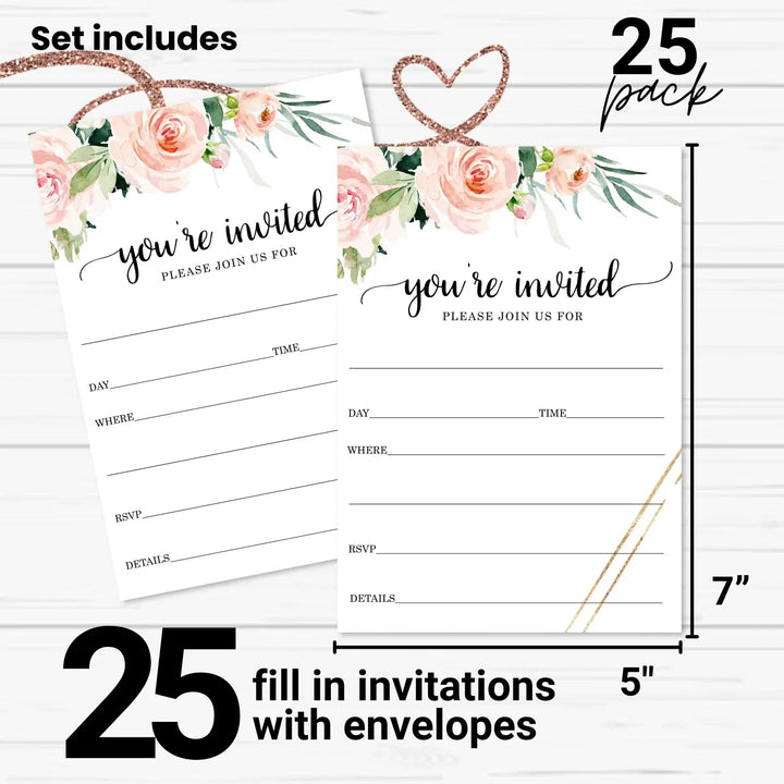 Graceful Floral Invitations with Envelopes, 25 Pack, 5x7 Blank Cards for All Occasions