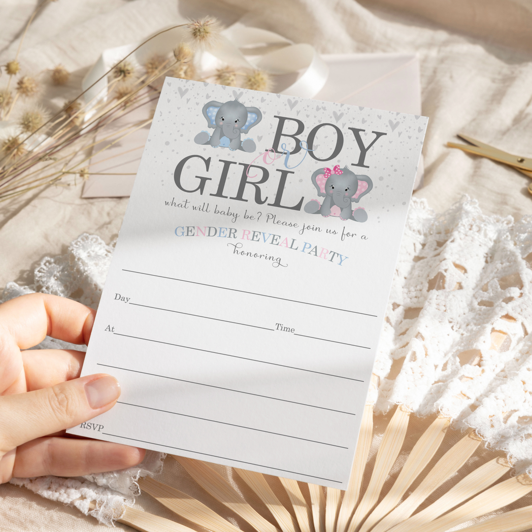 Elephant Gender Reveal Invites - 25ct, Pink & Blue, 5x7 - Paper Clever Party