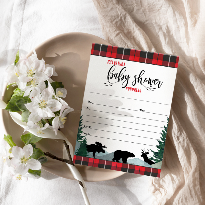 Lumberjack Baby Shower Invitations with Envelopes, 25 Pack, Red and Black, 5x7 Blank Cards for Boys - Paper Clever Party