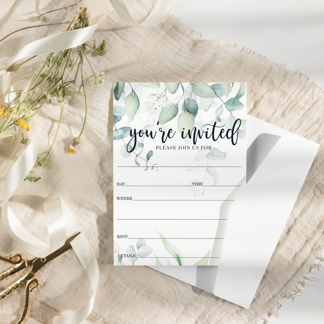 Greenery Bridal Shower Invitations with Envelopes, 25 Pack, Rustic Eucalyptus, 5x7 Blank Cards for All Occasions - Paper Clever Party