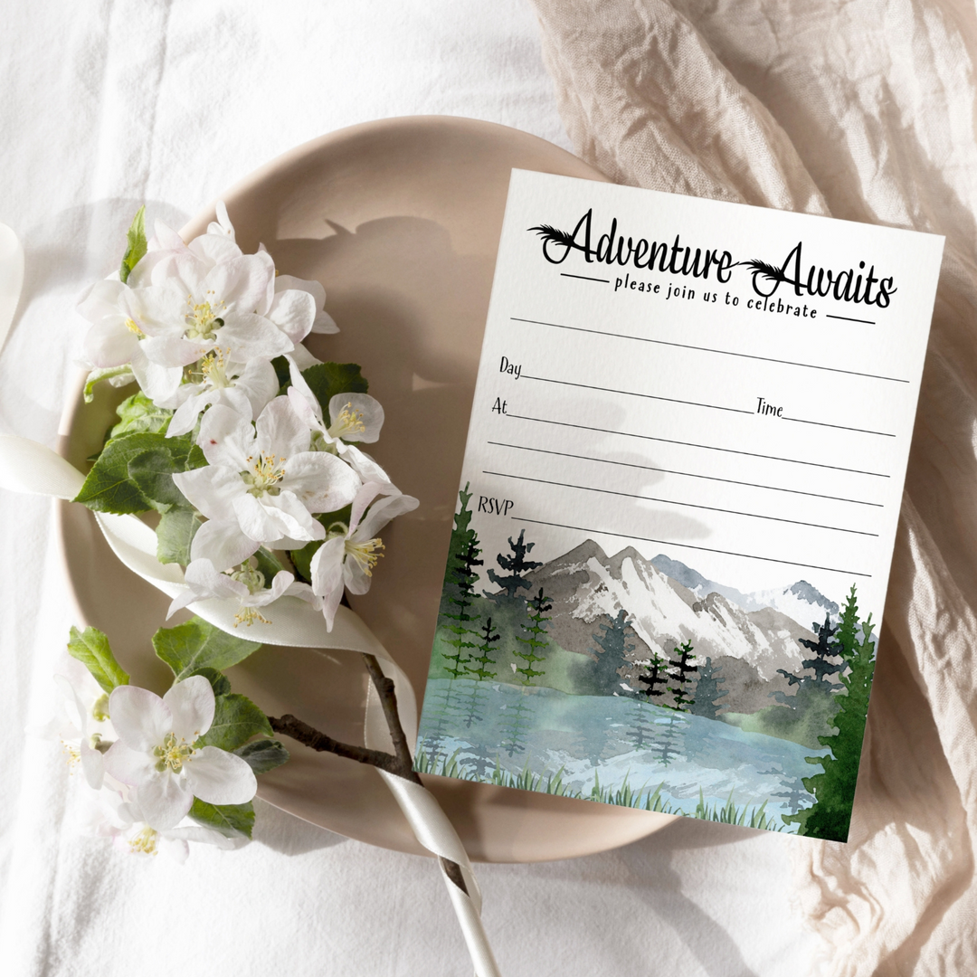 Adventure Awaits Party Invitations with Envelopes, 25 Pack, Rustic Mountain, 5x7 Blank Cards for All Occasions - Paper Clever Party