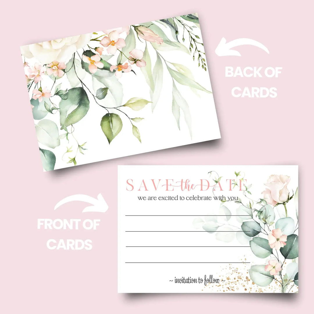 Blush Blooms Save the Date Cards with Envelopes - 25 Pack Rustic Floral Pink All Occasion Invitations for Weddings, Birthdays & Graduations - 3.5x5 Elegant Notecards