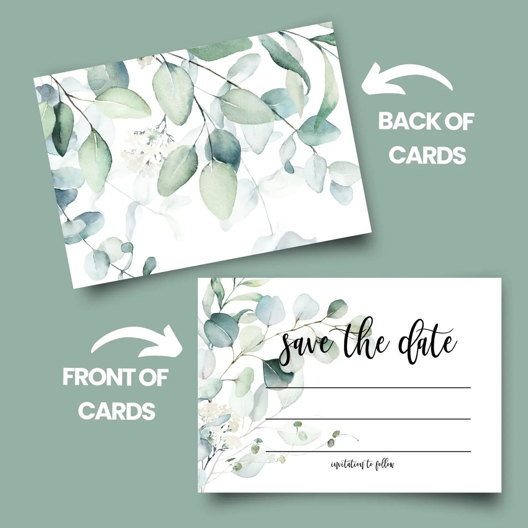 Greenery Save the Date Cards with Envelopes - 25 Pack - 3.5x5 Rustic Eucalyptus Design - All Occasion Cards for Weddings, Birthdays, Graduations