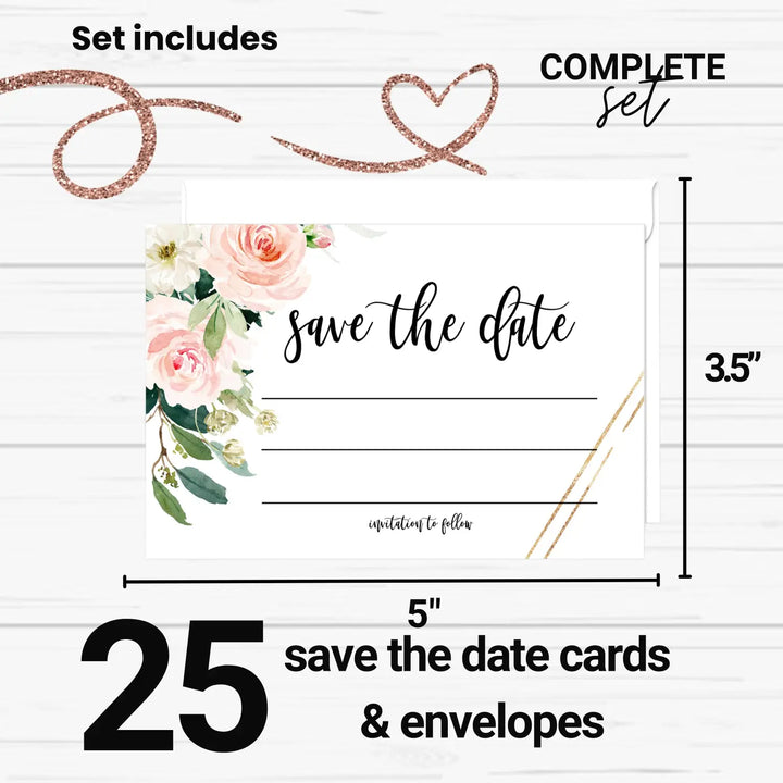 Graceful Floral Save the Date Cards with Envelopes - 25 Pack - 3.5x5 All Occasion Invitation Cards in Greenery, Blush and Gold - Perfect for Wedding Invitations, Birthdays, Graduations