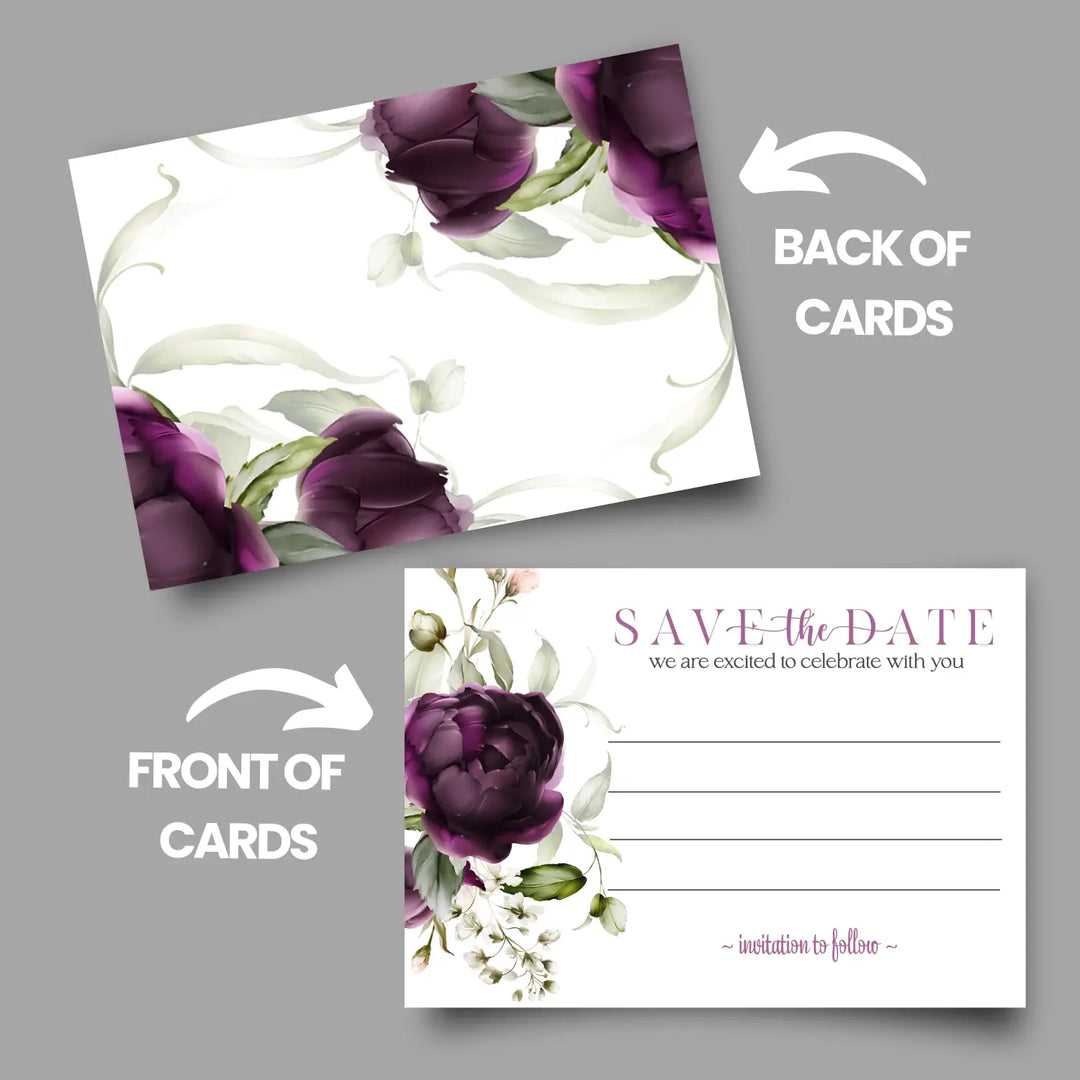 Purple Passion Save the Date Cards with Envelopes - 25 Pack Modern Floral All Occasion Invitations for Weddings, Birthdays & Graduations - 3.5x5 Elegant Design