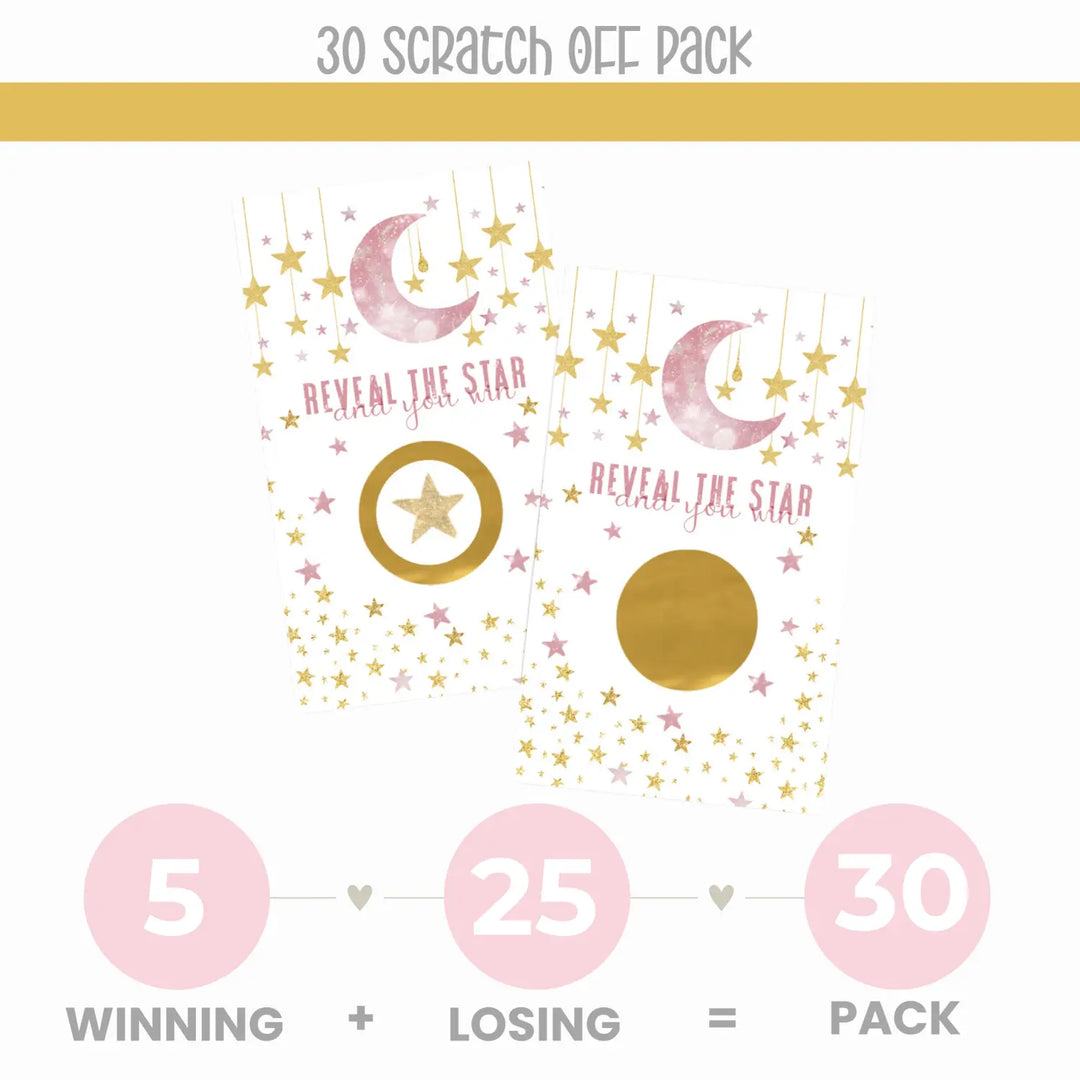 30-Pack Twinkle Little Star Scratch Off Cards for Girls Baby Shower - Pink & Gold Celestial-Themed Party Favors with Moon and Stars - Paper Clever Party