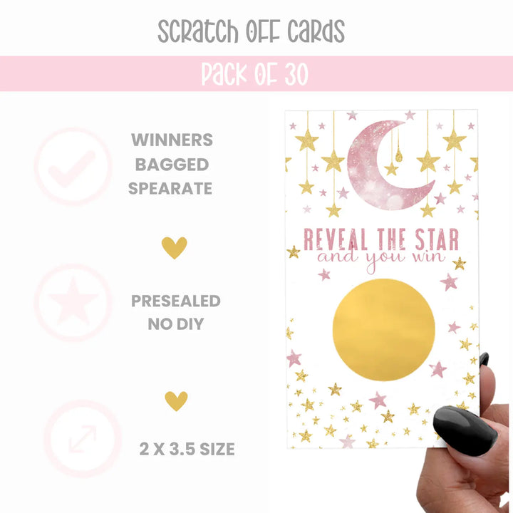 30-Pack Twinkle Little Star Scratch Off Cards for Girls Baby Shower - Pink & Gold Celestial-Themed Party Favors with Moon and Stars - Paper Clever Party