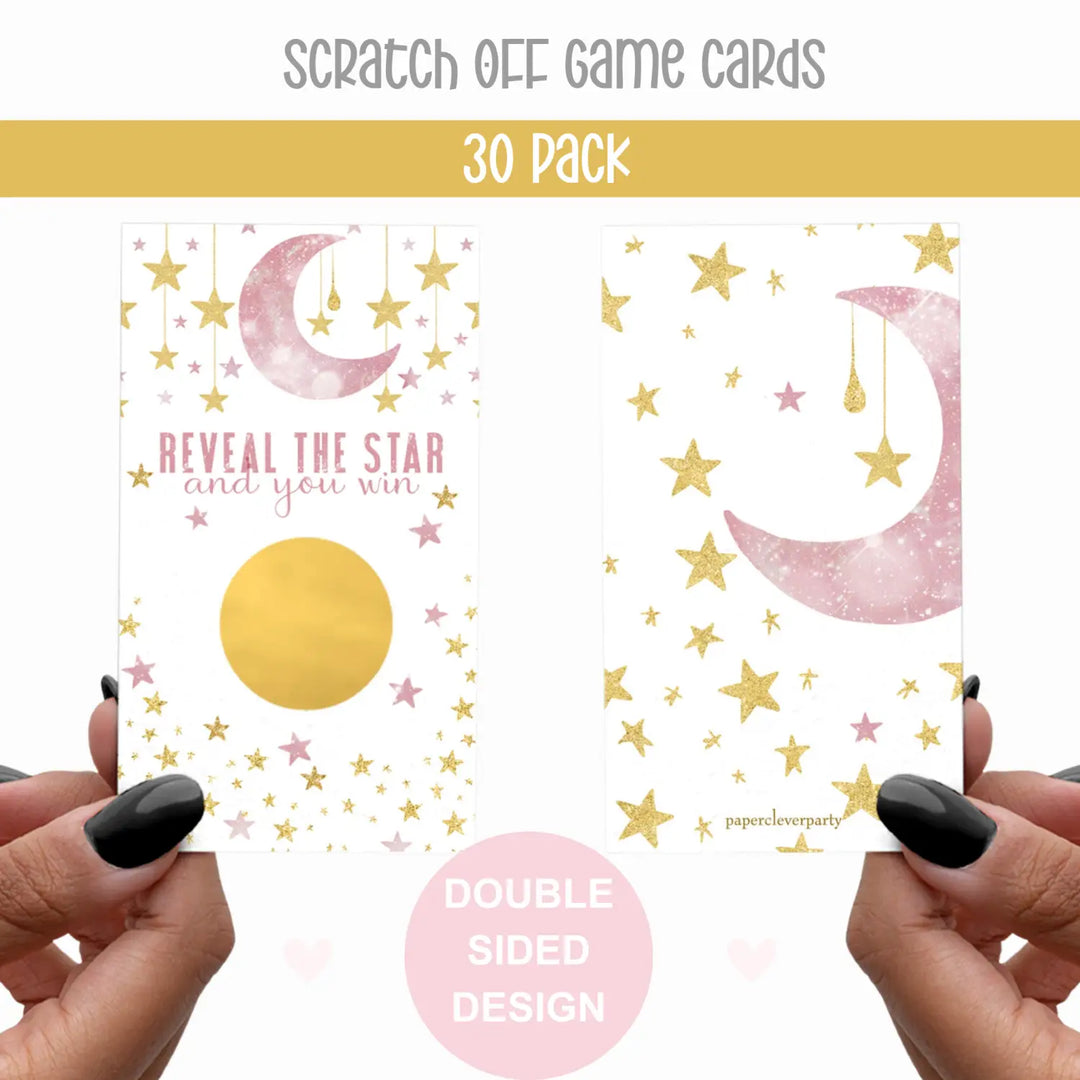 30-Pack Twinkle Little Star Scratch Off Cards for Girls Baby Shower - Pink & Gold Celestial-Themed Party Favors with Moon and Stars - Paper Clever Party