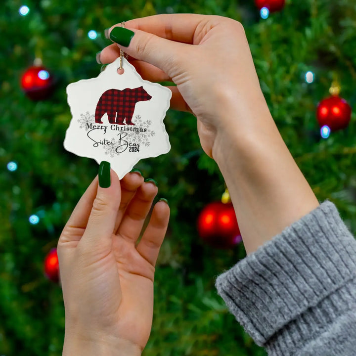 Brother bear lumberjack ceramic ornament 4 shapes - custom christmas decorations for a hip traditional or funky tree