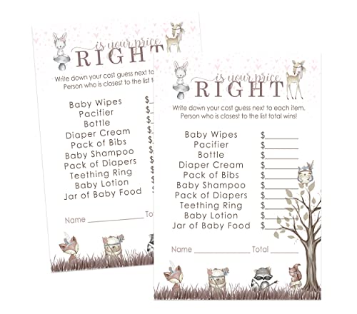 Girls Woodland Guess the Price Baby Shower Game, 25 Pack - Paper Clever Party