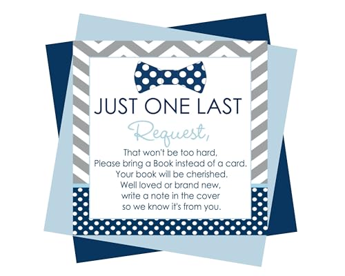 Bow Tie Books for Baby Shower Invitation Insert, Blue and Grey, 4x4, 25 Pack - Paper Clever Party