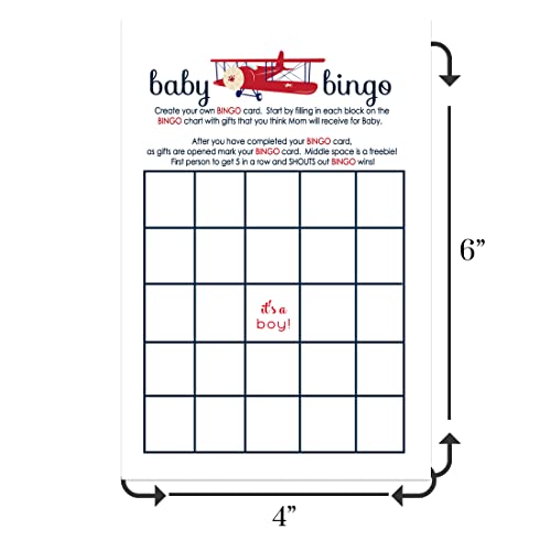 Baby Shower Bingo Game Cards - 25-Pack, Airplane Theme, Red & Blue Landing Soon Design - Paper Clever Party