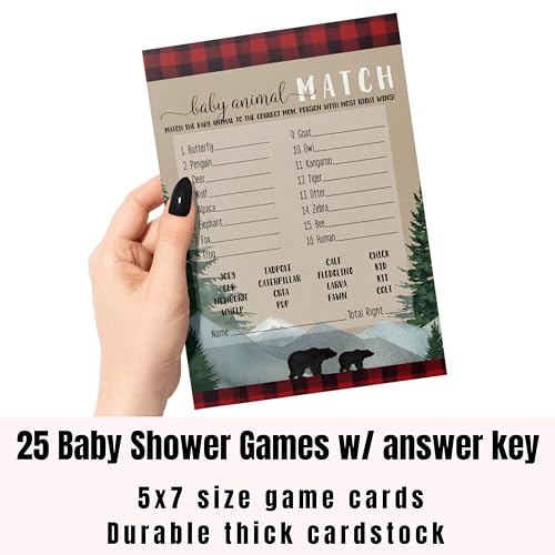 Lumberjack Baby Shower Game Animal Matching for All Occasions Fun Guessing Activities Guests Play, Rustic Bear Red and Black, 5x7, 25 Pack - Paper Clever Party