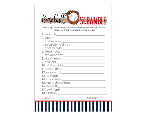 Baseball Word Scramble Game Cards - Fun Party Activity, 25 Guest Pack, 5"x7” - Paper Clever Party