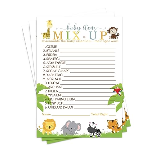 Cute Jungle Baby Shower Word Scramble Game Cards (25 Pack) Unscramble ActivityPaper Clever Party