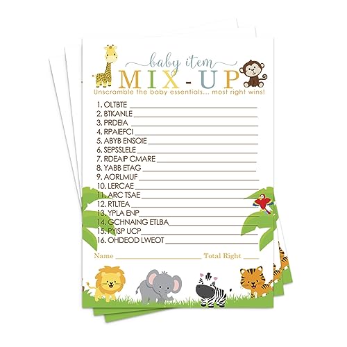 Cute Jungle Baby Shower Word Scramble Game Cards - 25 Pack Unscramble Activity for Gender Reveal Boy Girl Themed Safari Animal Supply - Paper Clever Party