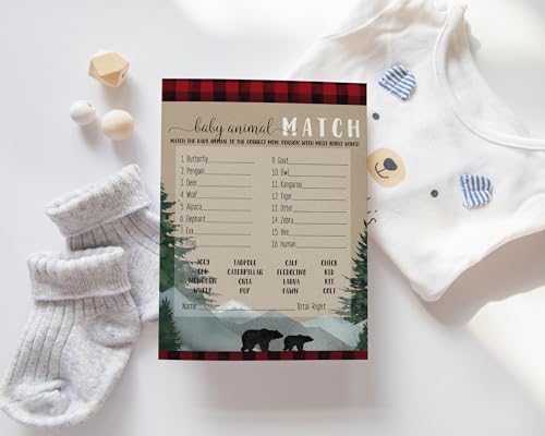 Lumberjack Baby Shower Game Animal Matching for All Occasions Fun Guessing Activities Guests Play, Rustic Bear Red and Black, 5x7, 25 Pack - Paper Clever Party