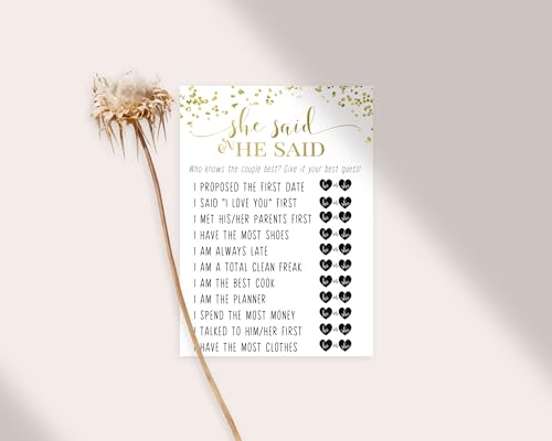 Elegant Black and Gold He or She Said Bridal Shower Game - Modern 5x7 Cards for 25 Guests, Plus Bride Best Challenge - Paper Clever Party