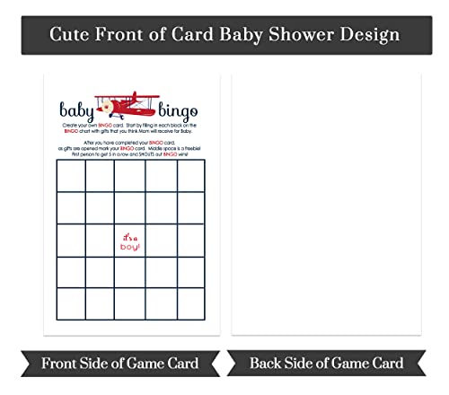 Baby Shower Bingo Game Cards - 25-Pack, Airplane Theme, Red & Blue Landing Soon Design - Paper Clever Party