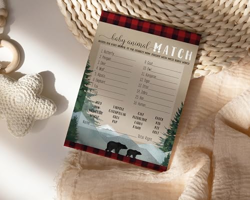 Lumberjack Baby Shower Game Animal Matching for All Occasions Fun Guessing Activities Guests Play, Rustic Bear Red and Black, 5x7, 25 Pack - Paper Clever Party